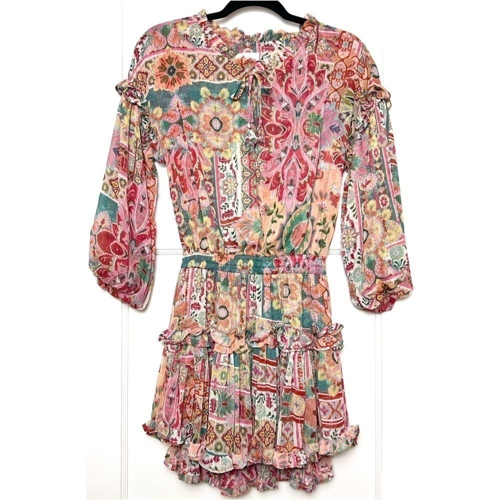 MISA Chiffon Puff Long Sleeve Tassel Tie Neck Smocked Waist Tier Ruffle Dress XS - Picture 10 of 16